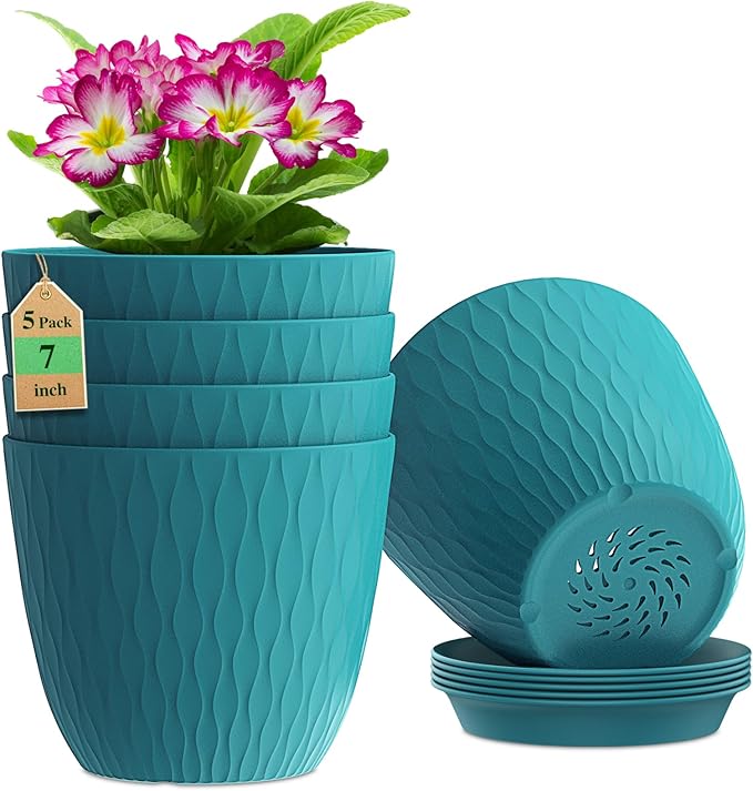 7 inch Flower Pots, 5 Pack Plant Pots with Drainage Holes and Saucers for Indoor Plants, Plastic Planters with Water Ripple for Small Garden House Plants, Nursery Pots for Succulent, Blue Green WSMKSZ