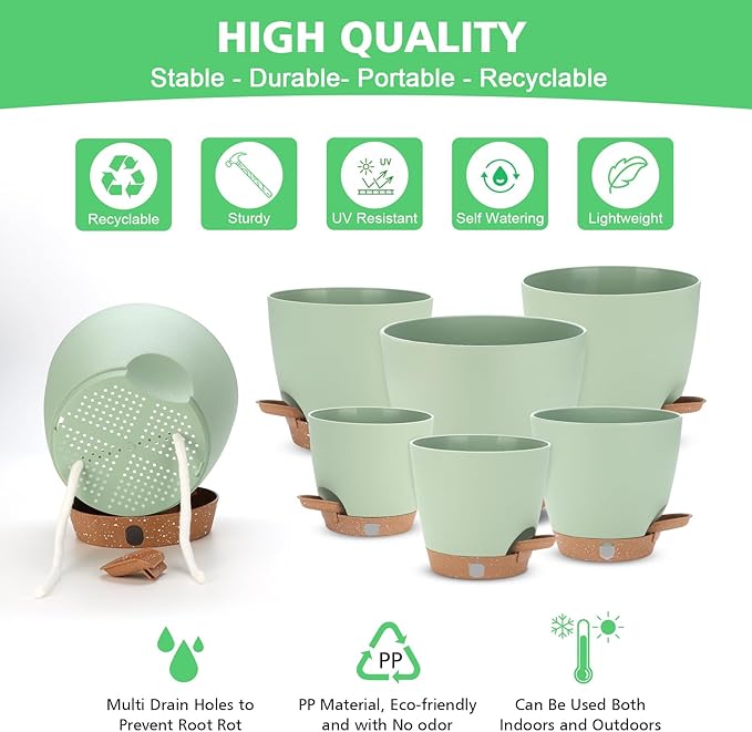 Self Watering Planter Set with Visual Water Level, 6Pack Small Plastic Pot with Drainage Holes and Reservoir Saucers, Modern 8+7+6.5+6+5.5+5 Inch Bottom Watering Flower Pots for Indoor Plant - Green Ezmixcoop