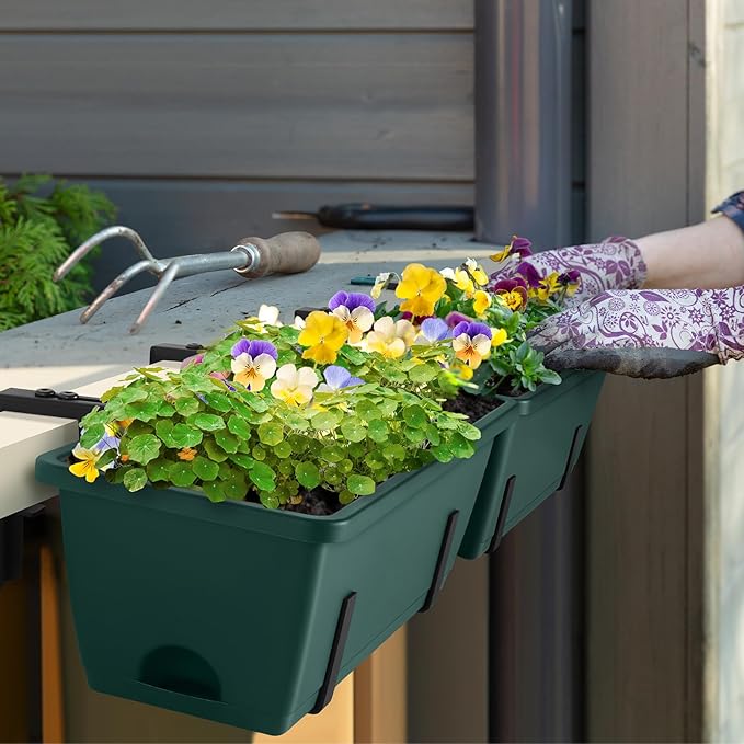 smusei 4 Pack Railing Planter Box Window Boxes Planters, 17'' Rectangular Deck Railing Planter Balcony Hanging Planters with Adjustable Flower Box Brackets for Fence Outdoor Patio Porch smusei
