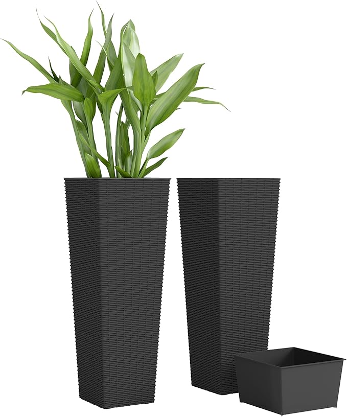 Outsunny 32 Inch Tall Planters for Outdoor Plants, Set of 2 Plastic Rattan-Like Flower Pots with Drainage Holes, Stackable Tapered Planters for Indoor Plants, Front Porch, Black Outsunny