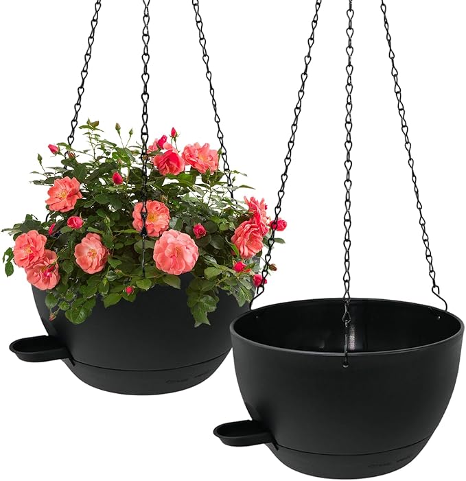 WOUSIWER Self Watering Hanging Planters, 2 Pack 10'' Plastic Pots with Drainage Holes & Reservoir Tray (Black) | Indoor & Outdoor Use for Ferns, Ivy, Herbs, Succulents WOUSIWER