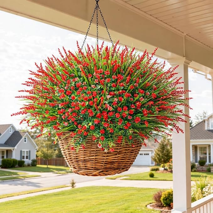 HyeFlora 20 Bundles Artificial Fake Outdoor Plants Flowers for Spring Decoration, UV Resistant Realistic Red Plastic Flowers Faux Plant Monkey Grass for Planter Home Garden Porch Patio Window Box HyeFloraartificialflowers