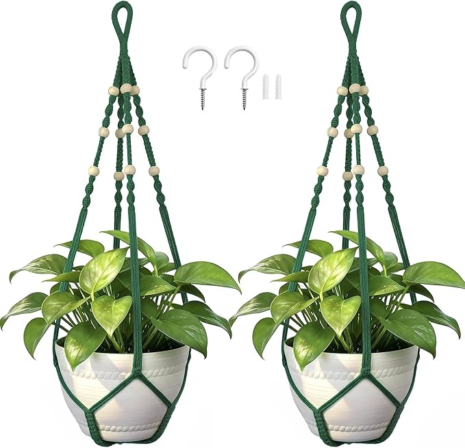 Macrame Plant Hanger,Up to 4-15 inch Pots, Wood Beads Cotton Hanging Planter Holder for Indoor Outdoor Boho Home Decor, 35 Inch, Ivory, Set of 2 (Green) Rootora