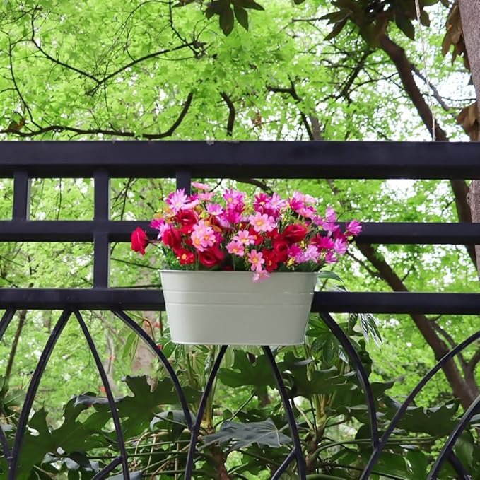 3 Pack Metal Railing Planters, 10.5" Oval Hanging Flower Pots with Detachable Hooks & Drainage Holes, Fits Rails up to 2.36", Galvanized Iron Fence Bucket for Balcony Garden Patio - Blue MeltsetM