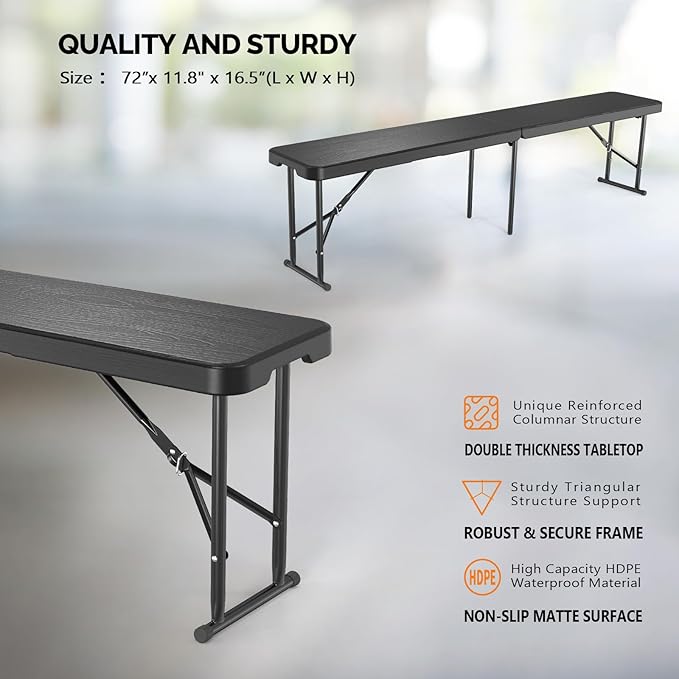 VINGLI 6 feet Plastic Folding Bench,Portable in/Outdoor Picnic Party Camping Dining Seat, Garden Soccer Multipurpose Entertaining Activities, Tree Patterned HDPE Tabletop, 2 Pack, Black VINGLI