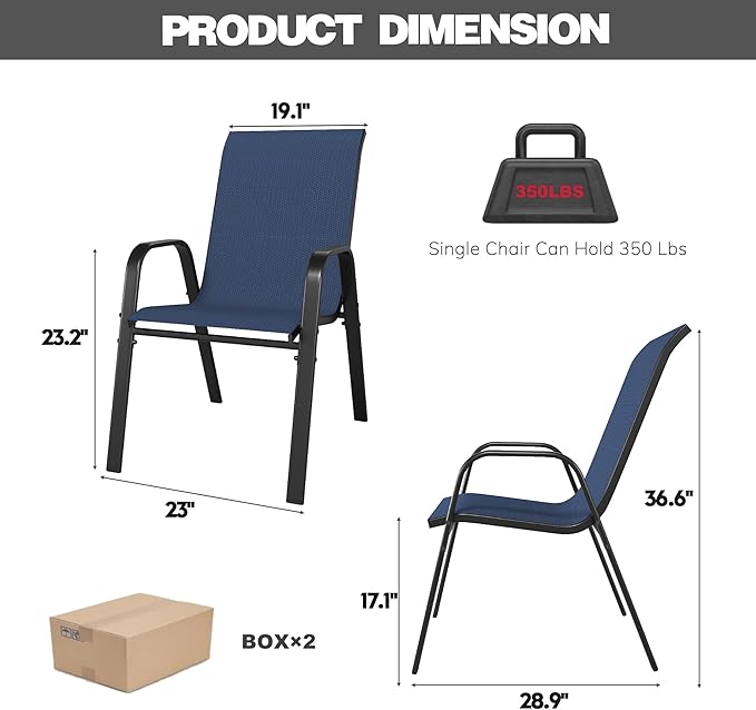 Patio Chairs, Stackable Outdoor Dining Chairs for All Weather Textilene Fabric & Metal Frame, Outdoor Chairs Set for Backyard Deck Garden (Dark Blue, Set of 4) Vimstora