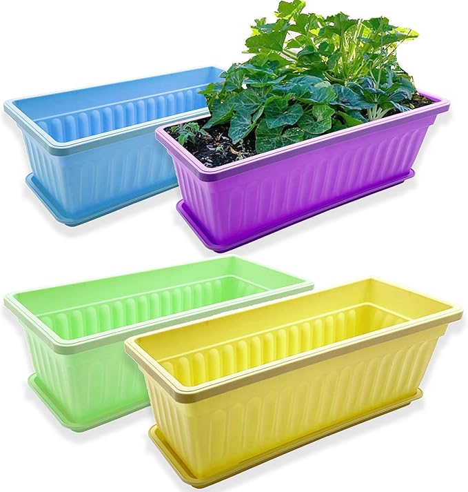 4 Packs 17 Inch Rectangular Window Flower Box Planter with Tray for Balcony, Windowsill, Garden Rootora