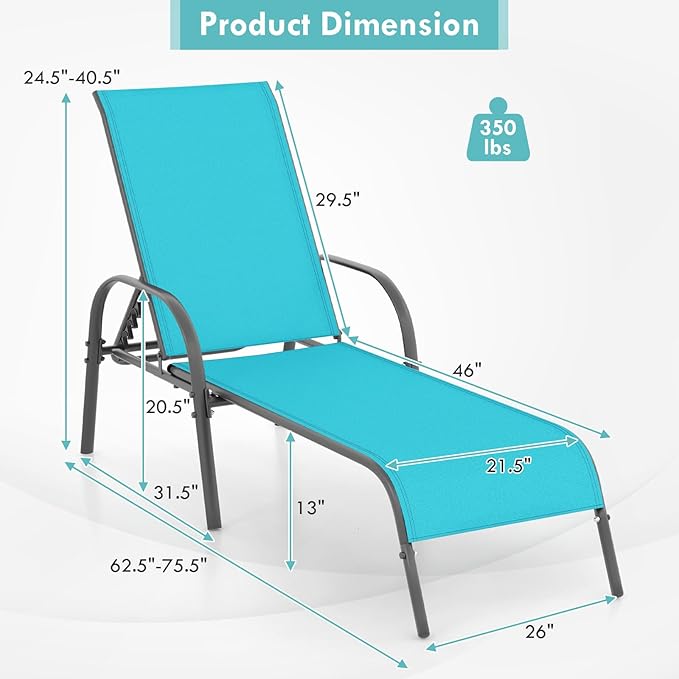 Giantex Patio Lounge Chair, Outdoor Chaise Lounge with 5 Adjustable Backrest, Sturdy Steel Frame, Sunbathing Recliner, Tanning Chair for Beach, Outside, Yard, Balcony, Pool Chairs (1,Turquoise) Giantex