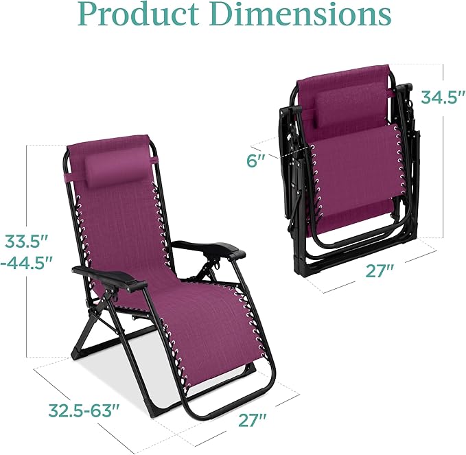 Best Choice Products Oversized Zero Gravity Chair, Folding Outdoor Patio Recliner, XL Anti Gravity Lounger w/Removable Cushion, Cup Holder, Side Tray, 350lb Capacity - Amethyst Purple BestChoiceProducts