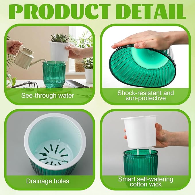 Set of 6 Self Watering Plant Pot 3 Sizes Plastic Double Layer Self Watering Flower Pot with Multi Mesh Drainage Holes Wicking Reservoir for Indoor Outdoor Garden Plants(Green) Rootora