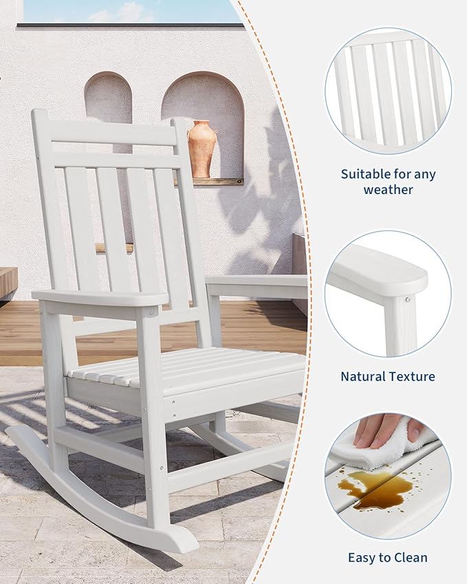 GarveeLife Poly Lumber Rocking Chair Outdoor Set of 6 - HDPE High Back Porch Rocker Chairs for Adults - All Weather Resistant Furniture for Patio - White GarveeLife