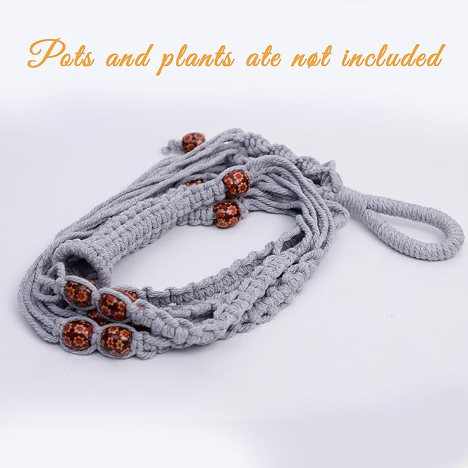 35 Inch Macrame Plant Hanger, Large for up to 15 Inch Pot Extra Long Hanging Planter Holder Basket with Wood Beads for Indoor Outdoor Home Decor (Grey, 2-Pack) Rootora