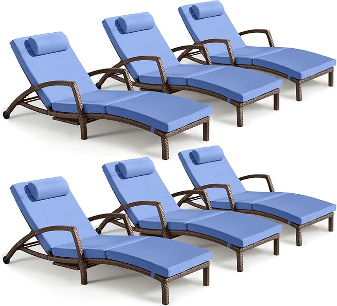 Chaise Lounge Chairs Outdoor Set of 6, Comfy Outside Wicker Patio Pool Lounge Chair w/ 5 Adjustable Back Angle, Cup Holder, Thicken Cushion ZZWHOM