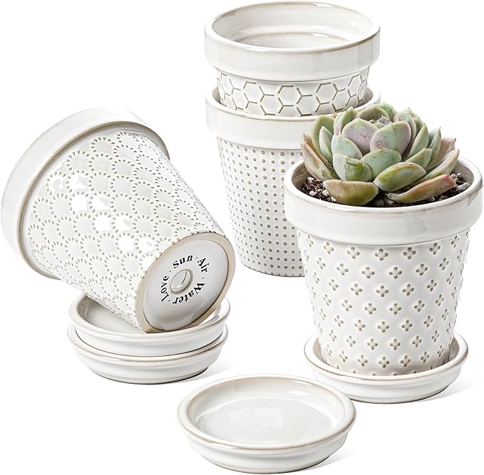 LE TAUCI Ceramic Succulent Pots, 4 Inch Small Plant Pot for Indoor Plant Cactus, Embossed Flower Pots with Drainage Hole & Saucer - Set of 4, Arctic White LETAUCI