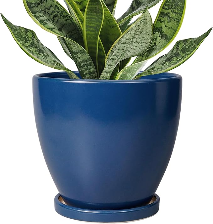 6.8 Inch Plant Pot - Ceramic Planter with Drainage Hole and Saucer, Modern Round Flower Pot, Planters for Indoor Plants, Home Garden Decor, Blue EPFamily