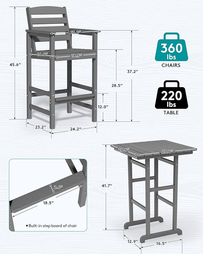 SERWALL Balcony Adirondack Chairs and Table 3 Pieces Set, Adirondack Bar Height Chairs Set of 2 and Bar Table, Outdoor Bar Stools Set, Gray SERWALL