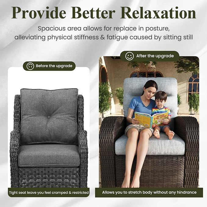 LayinSun Oversized Wicker Outdoor Swivel Glider Recliner with Adjustable Backrest & Footrest, Patio Reclining Lounge Chair - Set of 2 LayinSun