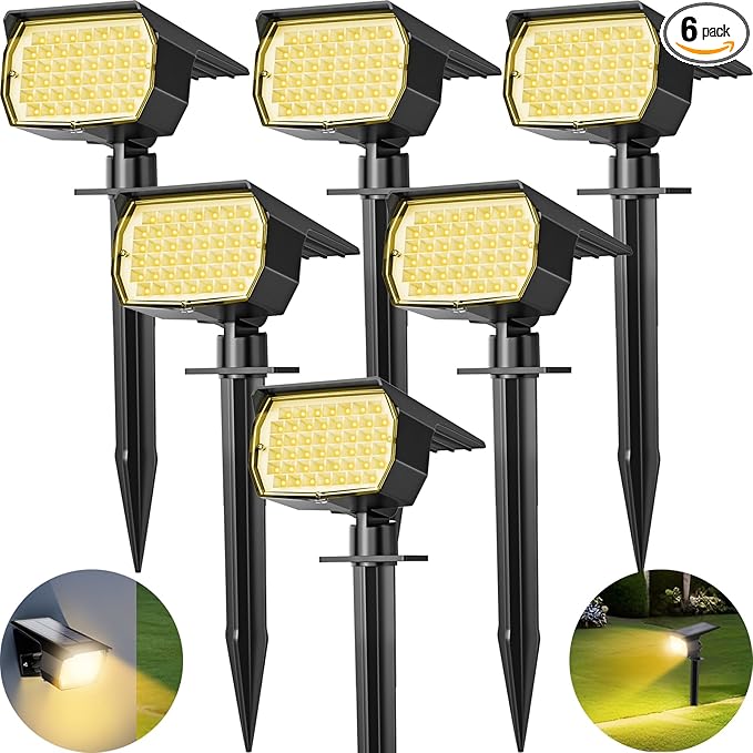 Solar Spot Lights Outdoor 6 Pack, [46 LED/3 Modes] Solar Landscape Spotlights Waterproof, 2-in-1 Auto On/Off Solar Powered Lights for Outside Yard Garden Wall Pathway(Warm White) TadyrealSolarLights