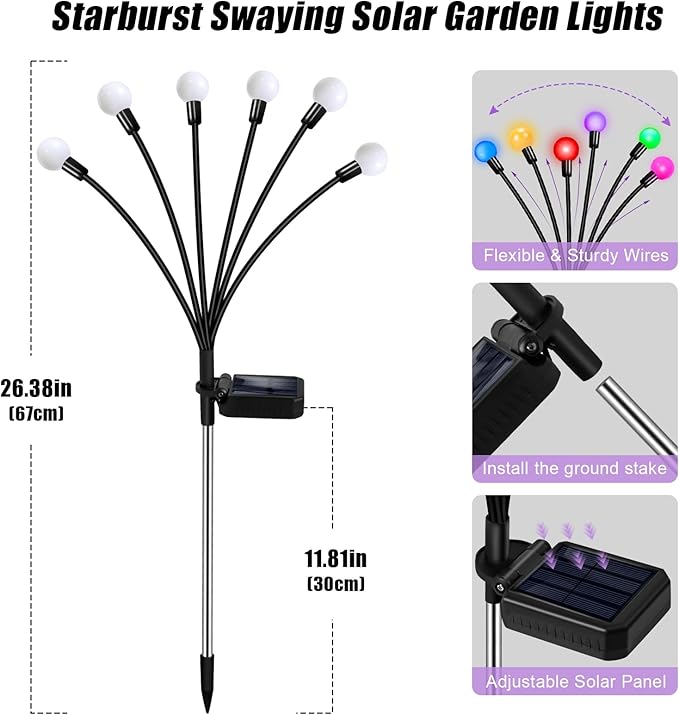 Solar Garden Lights Outdoor Decor, 24 LEDs Solar Firefly Light, Multicolor Changing RGB Swaying Lights Outdoor Waterproof, 4 Pack 6 Heads Christmas Garden Decorative for Yard Patio Pathway Lawn Decor ZFNN
