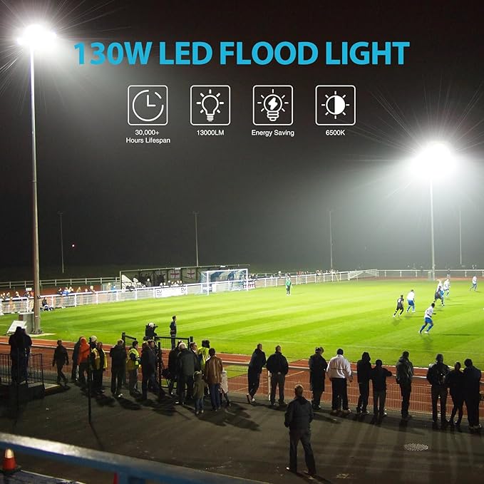 Olafus 2 Pack 130W LED Flood Light Outdoor, 13000lm LED Work Light with Plug, IP66 Waterproof Exterior Security Lights, 6500K Daylight White Outside Floodlights for Playground Yard Stadium Lawn Olafus
