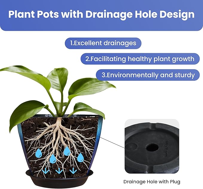 Pack of 2 Flower Pots, Plastic Plant Pots with Drainage Holes, 8 inch Modern Glossy Finishing Planter for Indoor Outdoor Plants (Blue Glaze, 2 Pack) LesOasis