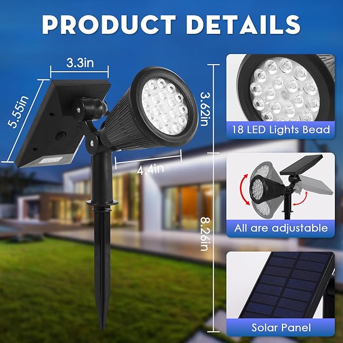 Solar Spot Lights Outdoor, 2-in-1 Wall Mount & Ground Stake 18 LEDs with 2 Lighting Modes, 7 Colors Changing, IP65 Waterproof Solar Landscape Lights for Garden, Pathway, Yard, Patio (2 Pack) DEXULESA