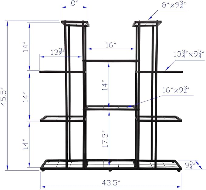 MTB Garden 4 Tier 11 Potted Metal Large Plant Stand for Indoor Outdoor Flower Pot Display Planter Shelf, Charcoal Grey MTBGarden