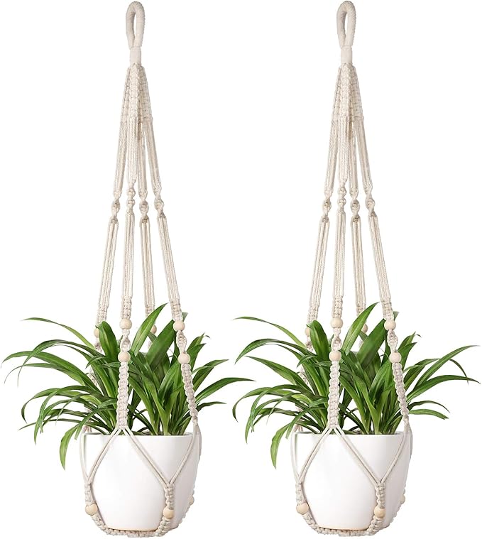 Mkono Macrame Plant Hanger Indoor Hanging Planter Basket with Wood Beads Decorative Flower Pot Holder No Tassels for Indoor Outdoor Boho Home Decor 35 Inch, Ivory, Set of 2 (POTS NOT Included) Mkono