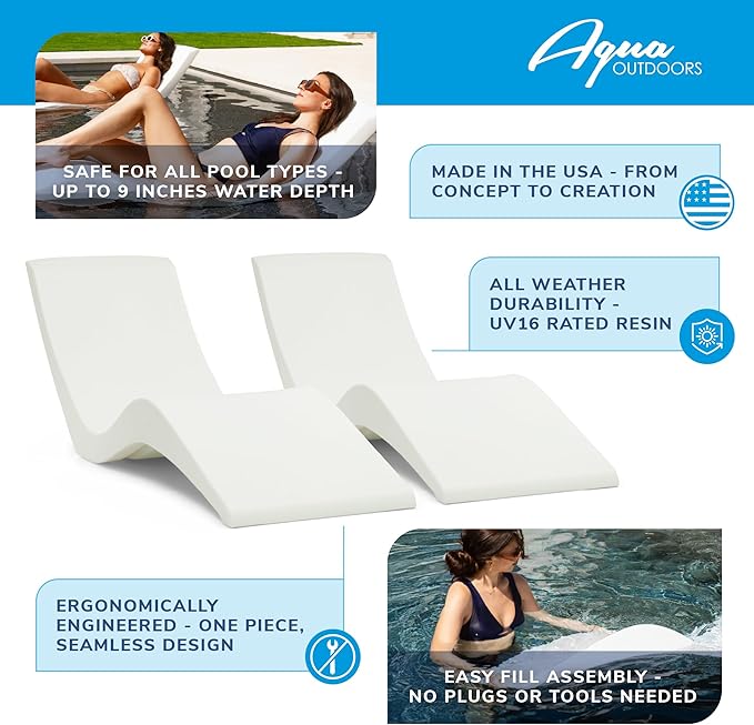 Aqua Outdoors Pool Chaise Lounge Chairs for Ledge & Shelf, Water-Weighted Pool Lounger for Depths Up to 9”, No Screw Plugs & Tools Needed, Classic White Ledge Lounger, Set of 2 AquaOutdoors