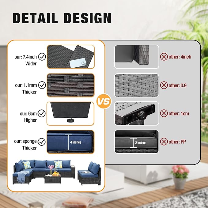 9 Pieces Patio Furniture Set All-Weather Outdoor Wicker Sectional Conversation Sofa Rattan Patio Seating Sofa with Cushion and Glass Table and Ottoman for Porch Poolside,Navy JOYURE
