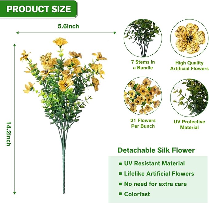 Artificial Flowers for Outdoor,Silk Flowers No Fade Fake Plastic Flowers UV Resistant Faux Plants for Outdoors Outside Front Porch Hanging Planter Window Box Garden Home Decoration,13 Pack(Yellow) LetuoClipsClipsandHooks