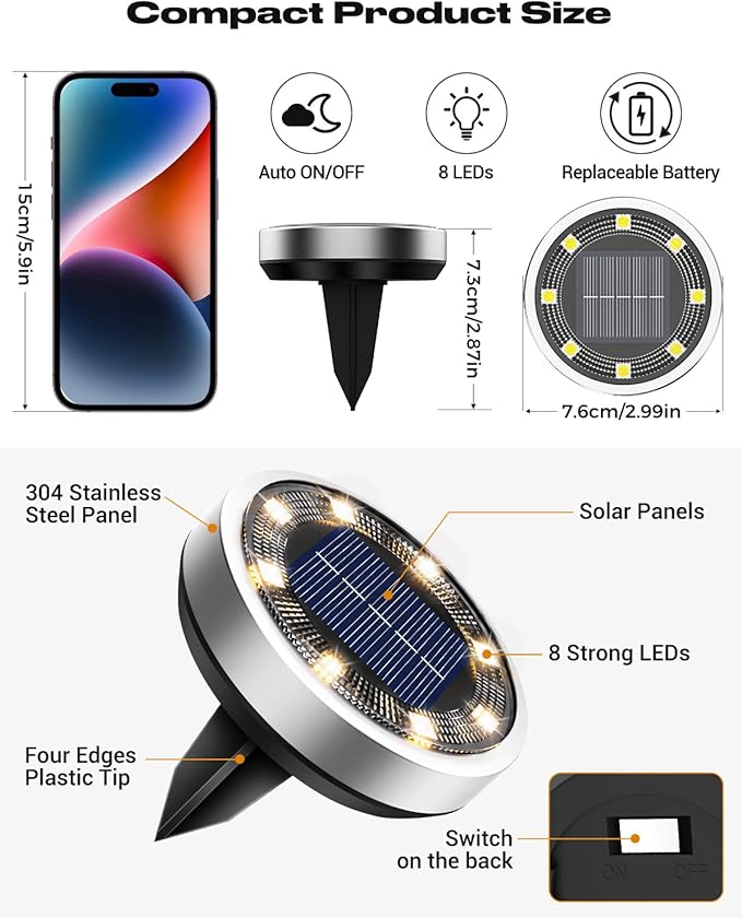 btfarm 12 Pack Solar Lights Outdoor, 8 LED Solar Ground Lights IP65 Waterproof Flat Solar Disc Light, Pathway Lights for Garden Lawn Patio Yard Path Landscape, Warm White btfarmdecorativelighting