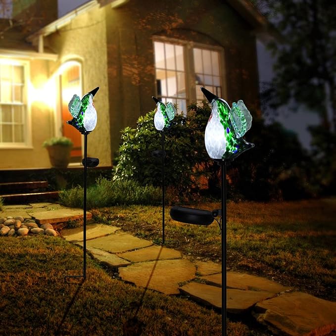 Afirst Decorative Solar Lights Outdoor Solar Hummingbird Stake Lights Hand Blown Glass Decorative Garden Pathway Light Outdoor Waterproof Glass Stakes Green Afirst