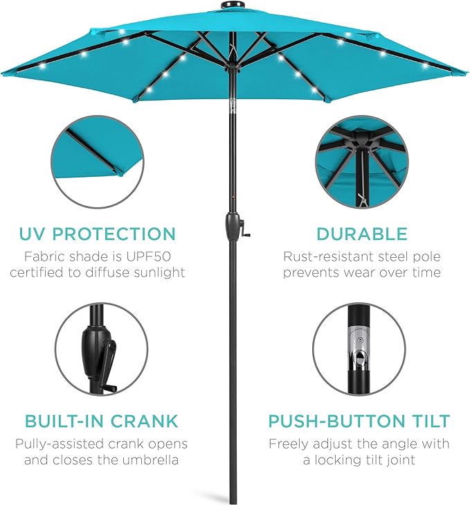 Best Choice Products 7.5ft Outdoor Solar Market Table Patio Umbrella for Deck, Pool w/Tilt, Crank, LED Lights - Sky Blue BestChoiceProducts