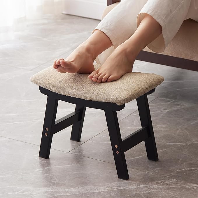Foot Stool,Ottoman,Bamboo Small Sofa Foot Rest Under Desk,Extra Seating for Living Room, Bedroom and Kitchen (Black Stool Legs - Beige Surface) Kitsanery
