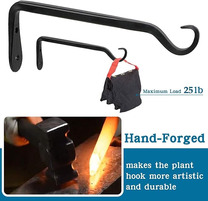 Worth Garden 6-Pack 7" Plant Hanger Bracket - Forged Wrought Iron Powder-Coated Heavy Duty Wall Hook - Black Hanging Hooks - Durable and Stable for Bird Feeders, Planters Indoor & Outdoor WORTH