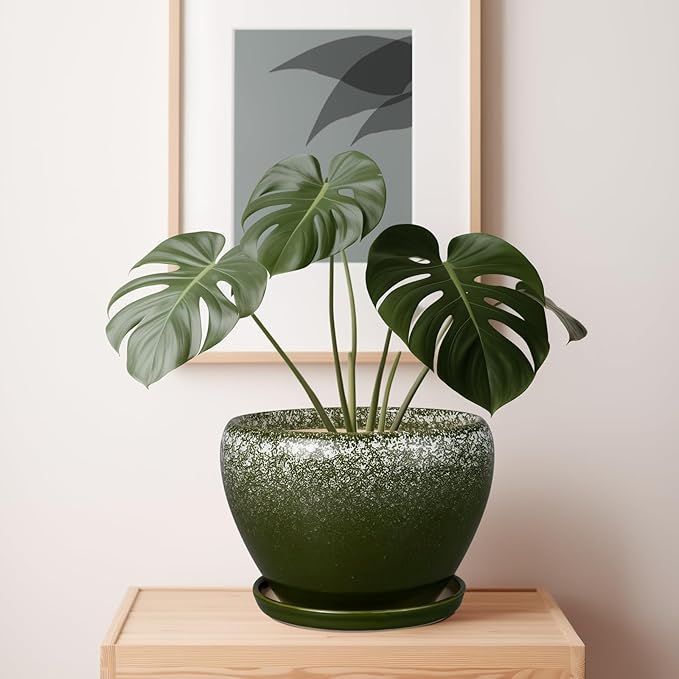 10 Inch Planter Pot - Ceramic Pots for Plants with Drainage Hole and Saucer, Round Large Flower Pot for Indoor Plants, Dark Green Ceramicfor