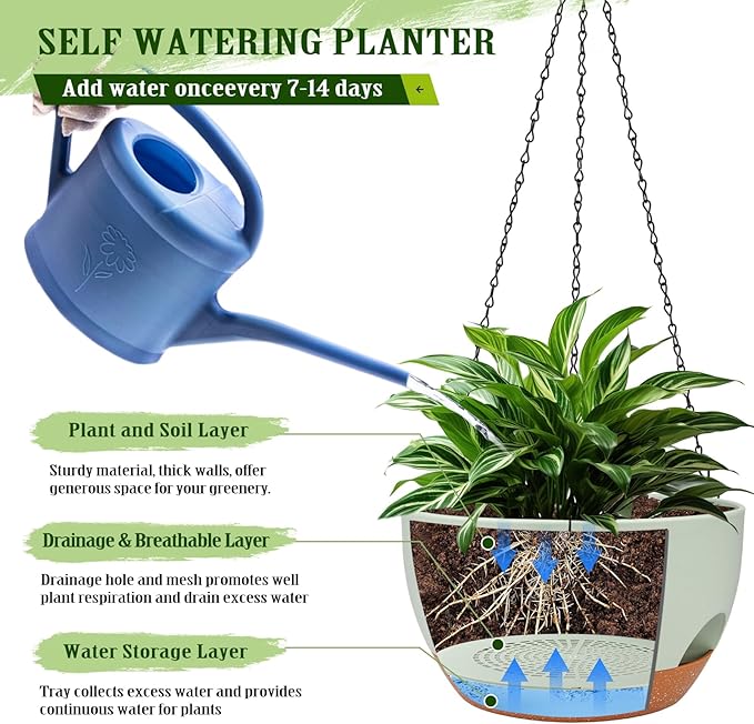 Hanging Planters for Outdoor Indoor Plants, 2 Pack 12 Inch Hanging Basket Plants Outdoor, Self Watering Hanging Planter with Plant Hanger for Garden Home Decoration (2 Type Plant Hangers Green) Lucieblessdesign