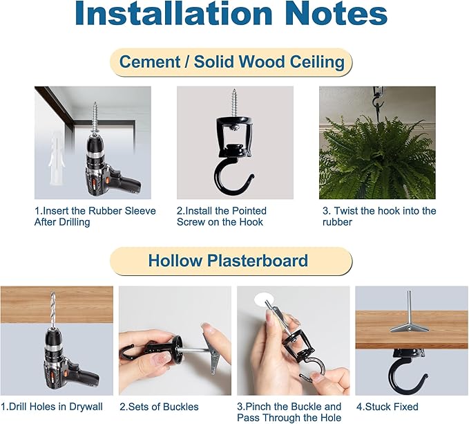 ONIKK Ceiling Hooks for Hanging Plants (6 PCS Black), Heavy Duty Metal Plant Hooks, Screw in Hooks for Hanging Birdfeeders, Lamps, Planters, Indoor Outdoor Wall Baskets Hooks up to 33 lbs ONIKK