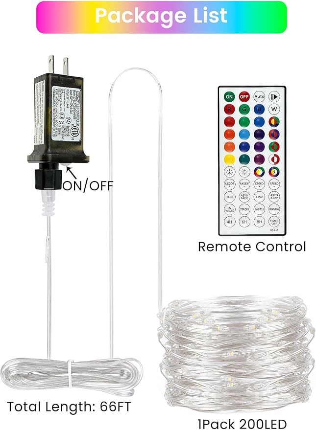 66Ft 200 LED RGB Color Changing Christmas Fairy Lights Plug in, Waterproof String Lights with Remote for Outdoor & Indoor, 24 Colors Twinkle Lights with Timer for Girl's Room Christmas Decorations BHCLIGHT