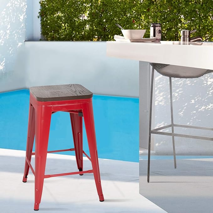 FDW Metal Bar Stools Counter Height Barstool Stackable Barstools Indoor Outdoor Patio Bar Stool Home Kitchen Dining Stool Backless Bar Chair (Red with Wood, 24") FDW