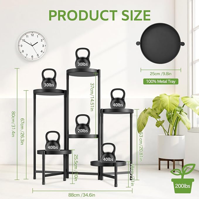 iDavosic.ly 6 Tier Large Plant Stand Indoor with 10 Inch Wide Tray, Tiered Corner Metal Outdoor Flower Display Holder Shelf, Folding Tall Rack for Patio Porch Living Room, Modern Black iDavosicly