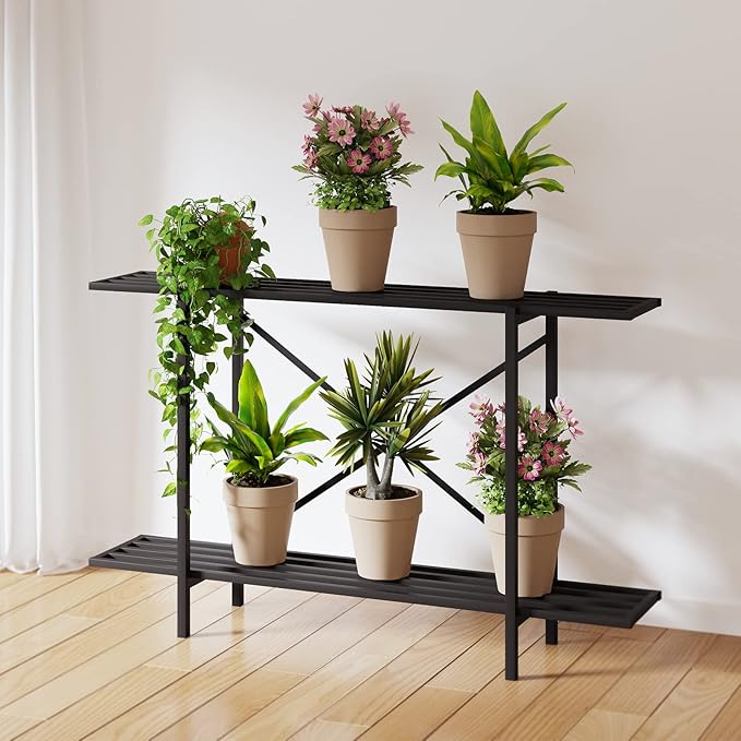 Zhongma 2 Tier Metal Sturdy Heavy Plant Stand, Narrow Plant Stand Indoor and Outdoor, L45.67 x W10.3 x H27.5 inch, 440 LBS Capacity & Heavy Duty Construction. … Zhongma