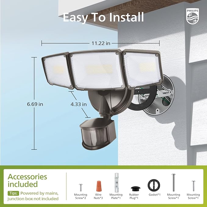 Philips 72W 7400LM LED Security Lights w/PIR Motion Sensor Outdoor, 5000K Daylight Dusk to Dawn Aluminum Flood Light, 3 Adjustable Heads, Waterproof for Garage, Yard, Porch PhilipsLightingLED