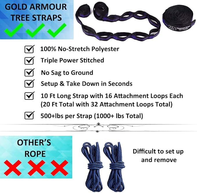 Gold Armour Camping Hammock - XL Double Hammock Portable Hammock Camping Accessories Gear for Outdoor Indoor with Tree Straps, USA Based Brand (Purple and Orange) GoldArmour