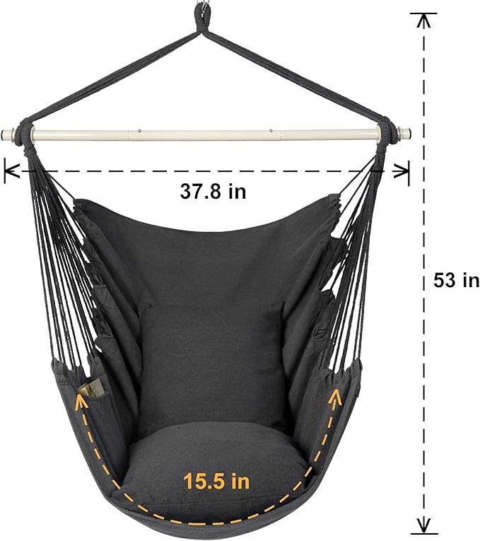 Y- STOP Hammock Chair Hanging Rope Swing Chair, Max 500 Lbs, 2 Seat Cushions Included, Removable Steel Spreader Bar with Anti-Slip Rings, Hardware kit-for Indoor Outdoor(Dark Grey) pcs Y-STOP