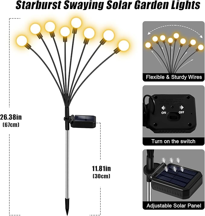 Solar Firefly Lights 16 LED Swaying Outdoor Waterproof Decorative Lights for Yard Patio Pathway Lawn Decorations (2 Pack, 8 Heads) ZFNN