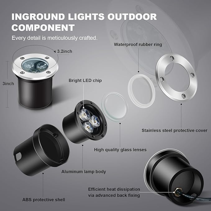 4Pack 3W Low Voltage Landscape Lights with Connectors 12-24V LED In-Ground Lights IP67 Waterproof Garden Lighting 6500K Outdoor Well Light for Yard Pathway Driveway Deck (Cool White) ALEDECO