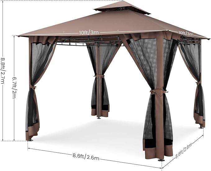 COBIZI Gazebo 10x10 Heavy Duty Gazebos with Improved Nettings Outdoor Gazebo Double Roof Patio Gazebos with Metal Steel Frame Outdoor Canopy for Patio, Deck, Backyard-Brown COBIZI