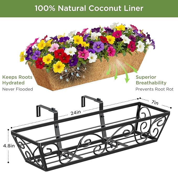 Y&M 24 Inch Window Deck with Coco Liner, Fence Metal Hanging Flower Planter Window Basket Deck Railing Planter Boxes for Outdoor Garden Lawn-Butterfly,4pcs YM